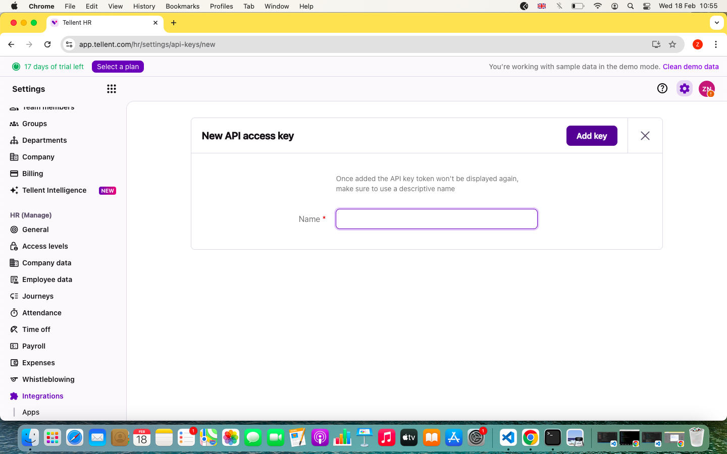 Tellent HR Settings → Integrations → API Keys page