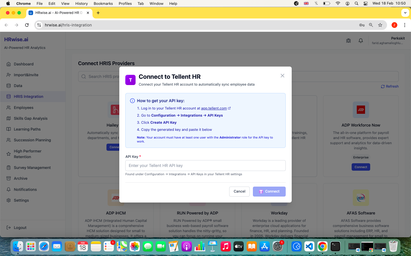 HRwise Settings → Integrations page showing Tellent HR integration card